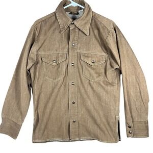70's Big Yank Work Shirt Mens L Brown Vintage Western Press Twill Snap Button Up